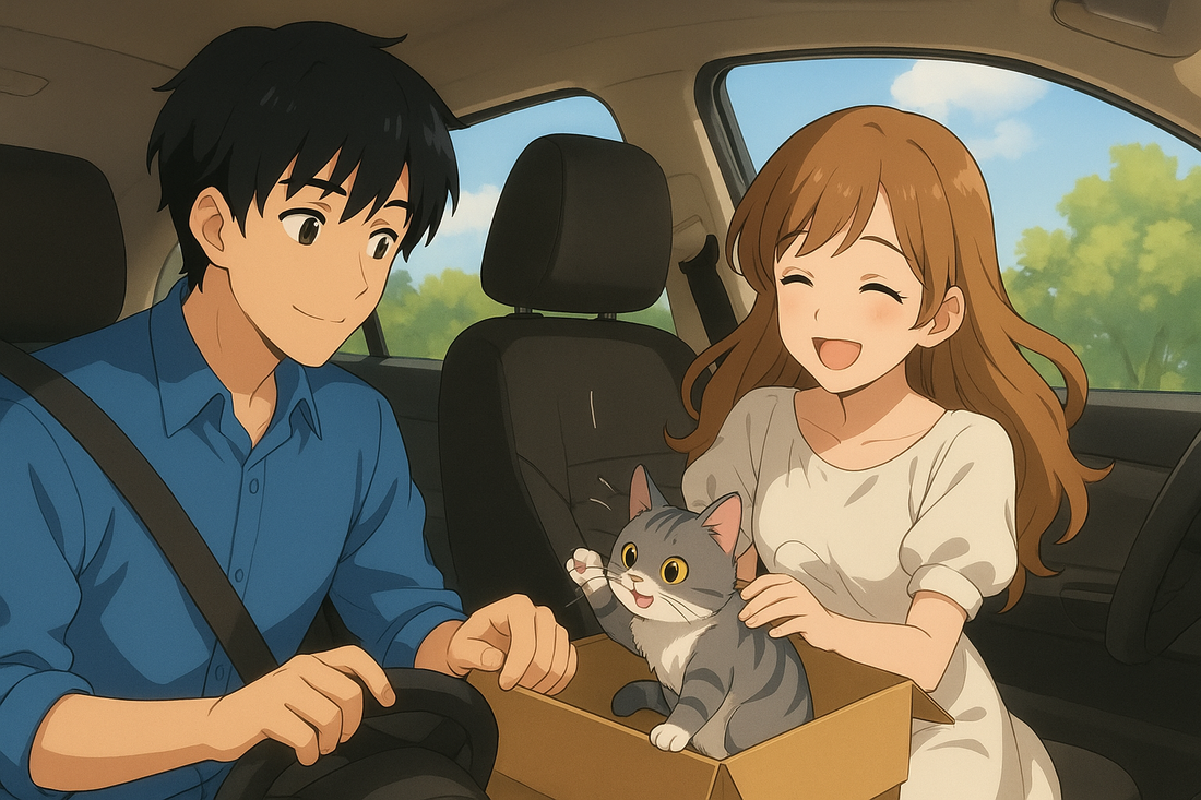 Tofu the British Shorthair kitten in a box during the car ride to his new home - anime illustration