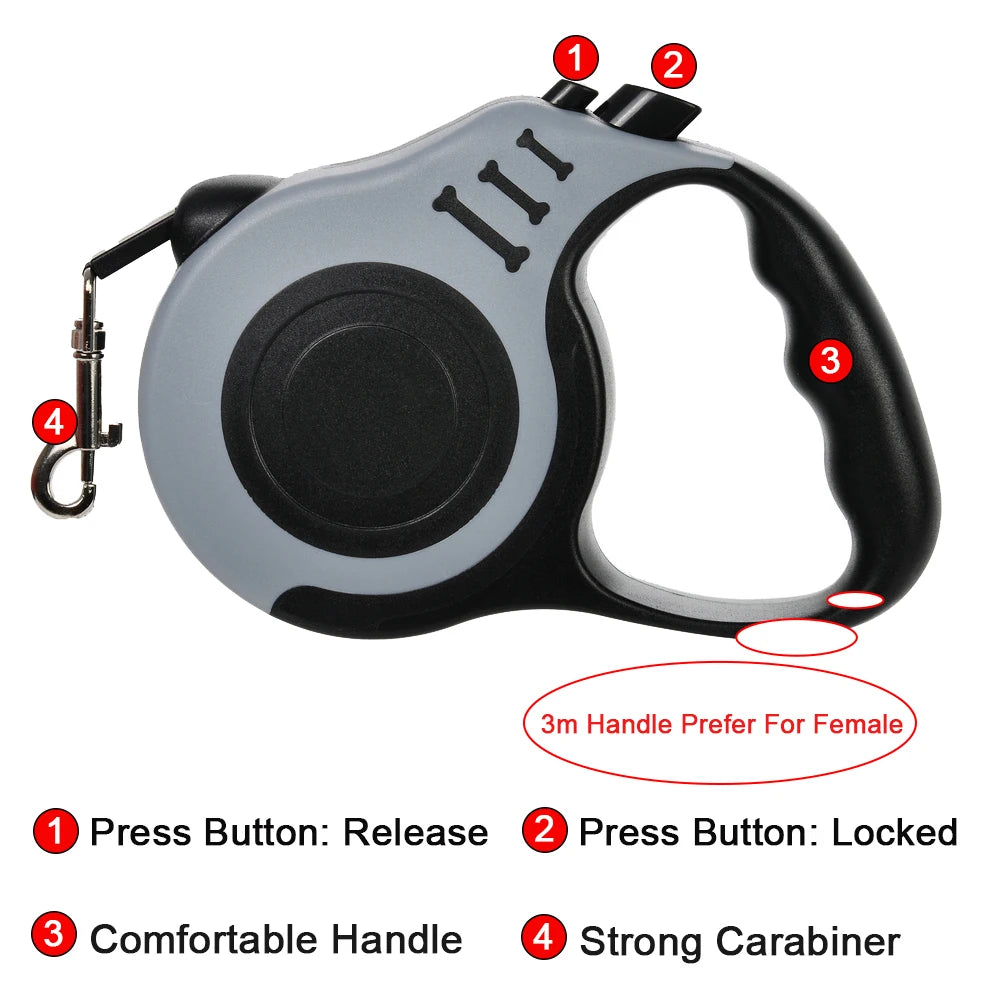 Retractable Dog Leash – Strong Nylon, 3m & 5m, for Small to Large Dogs & Cats
