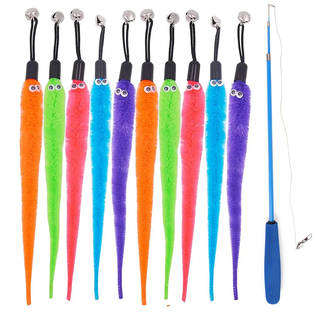 Plush Worm Cat Wand Replacement Heads – Velvet Caterpillar Attachments with Bell (5–11 pcs)