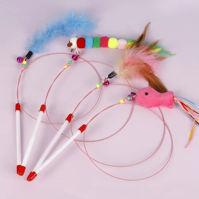 Feather Fish & Bell Teaser Wand – Interactive Stick Toy for Kittens & Cats
