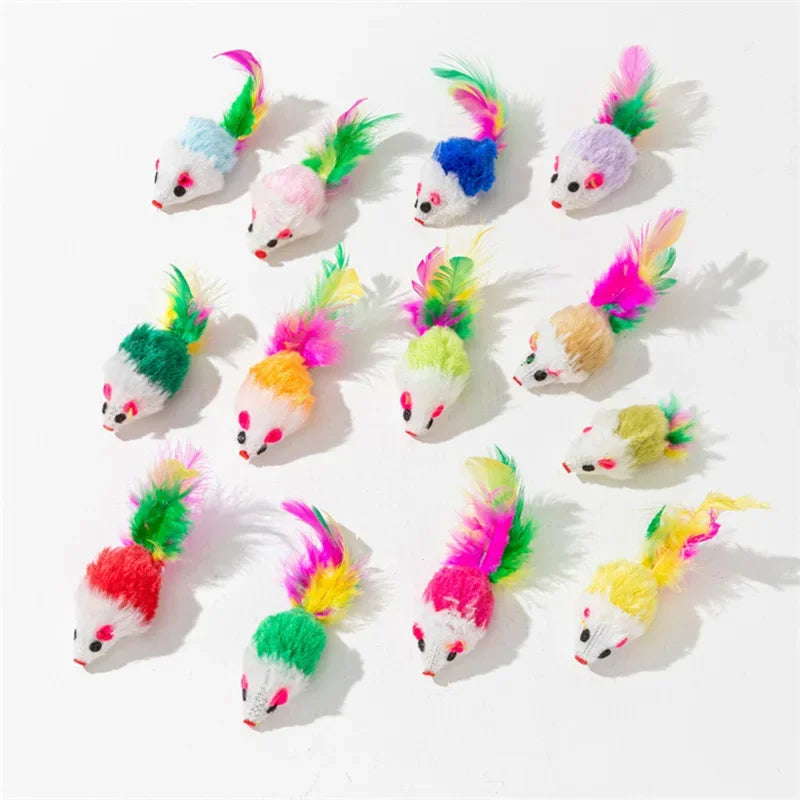Rabbit Fur & Feather Rainbow Mouse Cat Toy – Funny Plush Mice for Kittens (5 or 10 Pack)