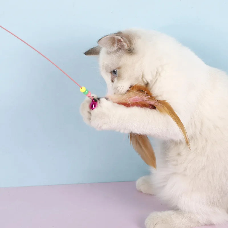 Feather Fish & Bell Teaser Wand – Interactive Stick Toy for Kittens & Cats