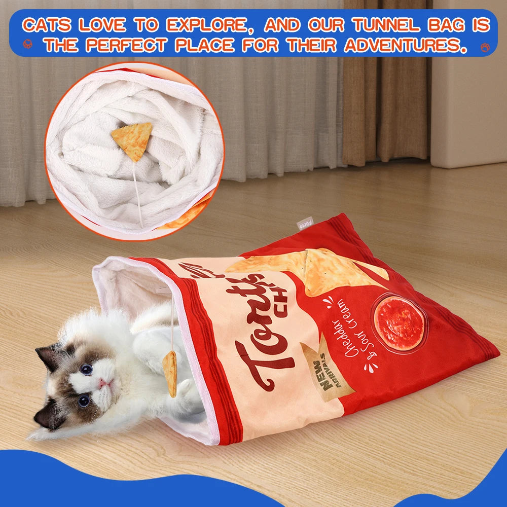 Collapsible Cat Tunnel Toy – Fun Food-Themed Crinkle Tunnel with Hanging Toys for Indoor Cats
