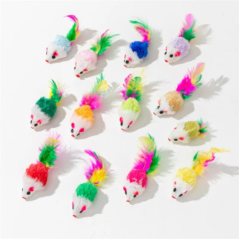 Rabbit Fur & Feather Rainbow Mouse Cat Toy – Funny Plush Mice for Kittens (5 or 10 Pack)