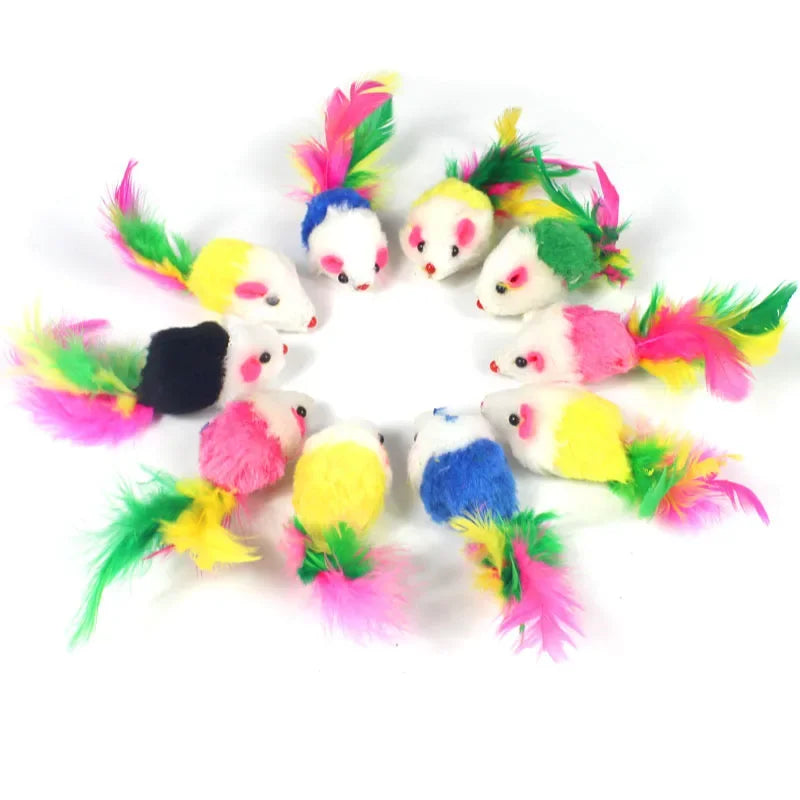 Rabbit Fur & Feather Rainbow Mouse Cat Toy – Funny Plush Mice for Kittens (5 or 10 Pack)