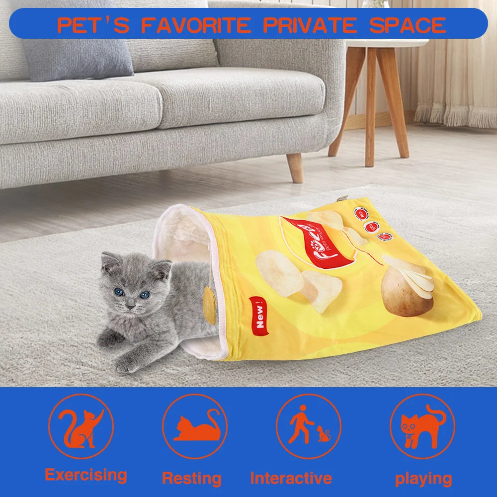 Collapsible Cat Tunnel Toy – Fun Food-Themed Crinkle Tunnel with Hanging Toys for Indoor Cats