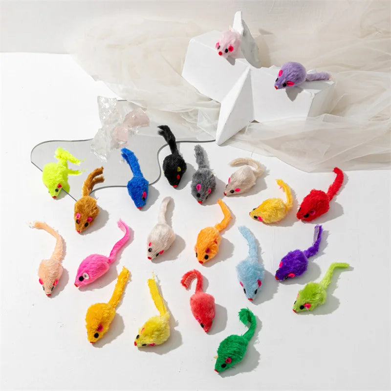 Rabbit Fur & Feather Rainbow Mouse Cat Toy – Funny Plush Mice for Kittens (5 or 10 Pack)
