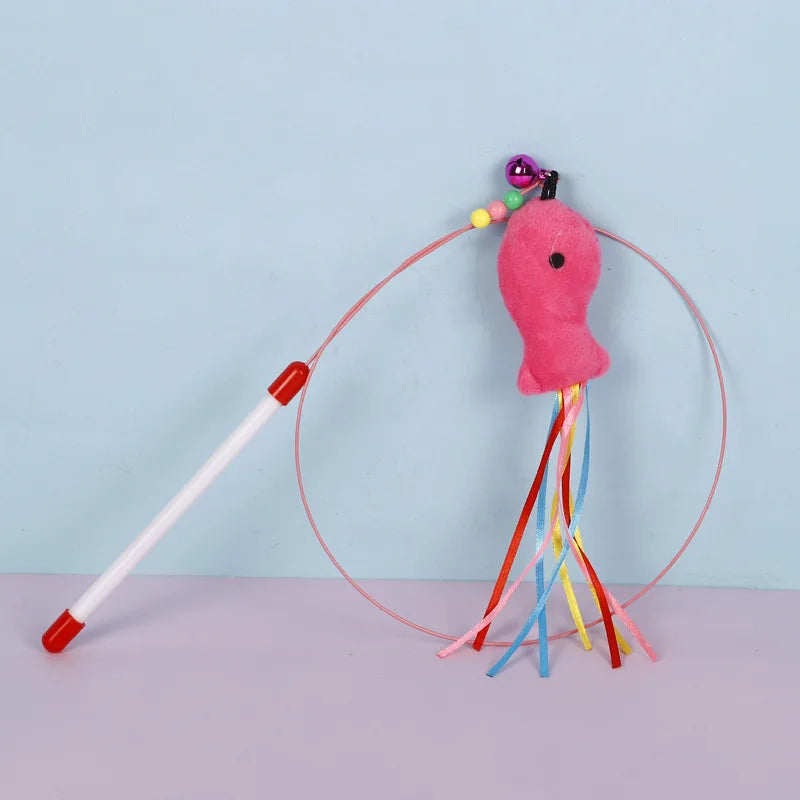 Feather Fish & Bell Teaser Wand – Interactive Stick Toy for Kittens & Cats