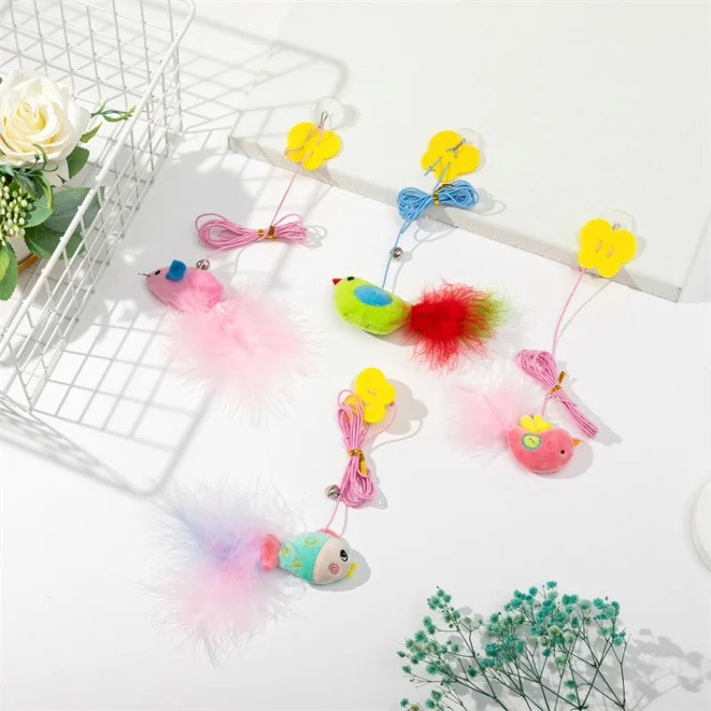 Interactive Cat Hanging Toy Set – Colorful Bird & Fish Feather Teaser for Indoor Cats