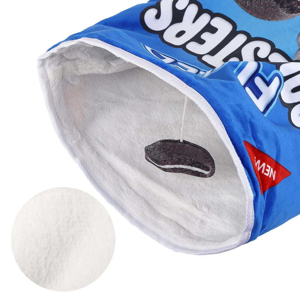 Collapsible Cat Tunnel Toy – Fun Food-Themed Crinkle Tunnel with Hanging Toys for Indoor Cats