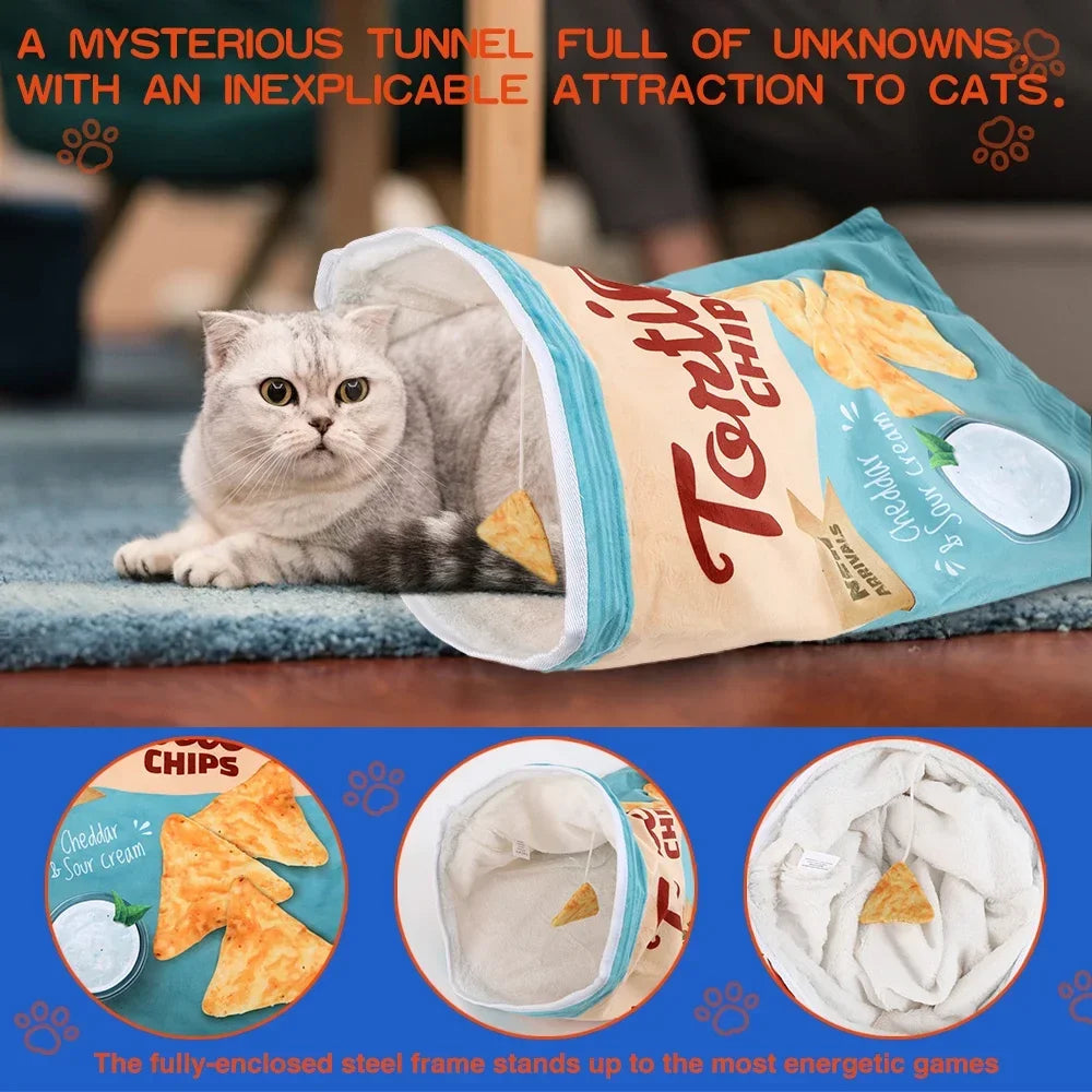 Collapsible Cat Tunnel Toy – Fun Food-Themed Crinkle Tunnel with Hanging Toys for Indoor Cats