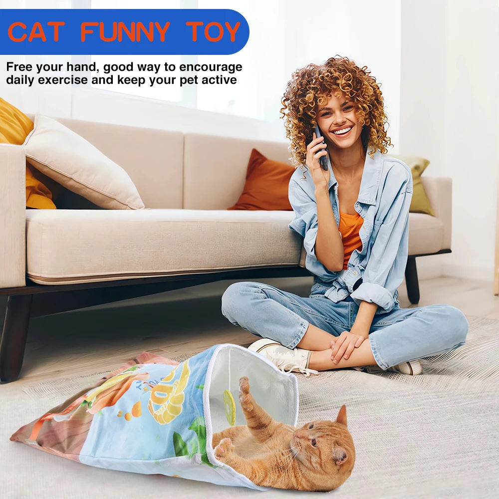 Collapsible Cat Tunnel Toy – Fun Food-Themed Crinkle Tunnel with Hanging Toys for Indoor Cats