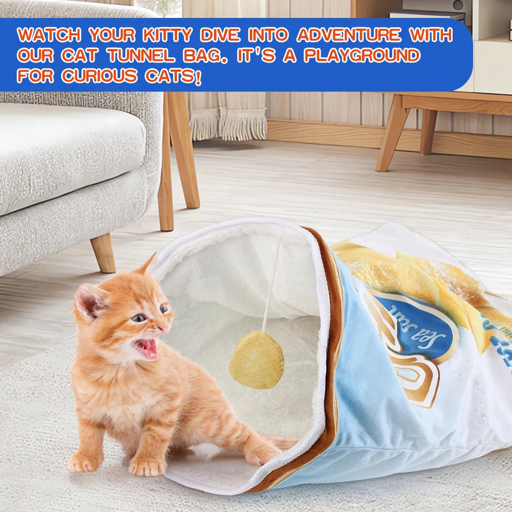 Collapsible Cat Tunnel Toy – Fun Food-Themed Crinkle Tunnel with Hanging Toys for Indoor Cats