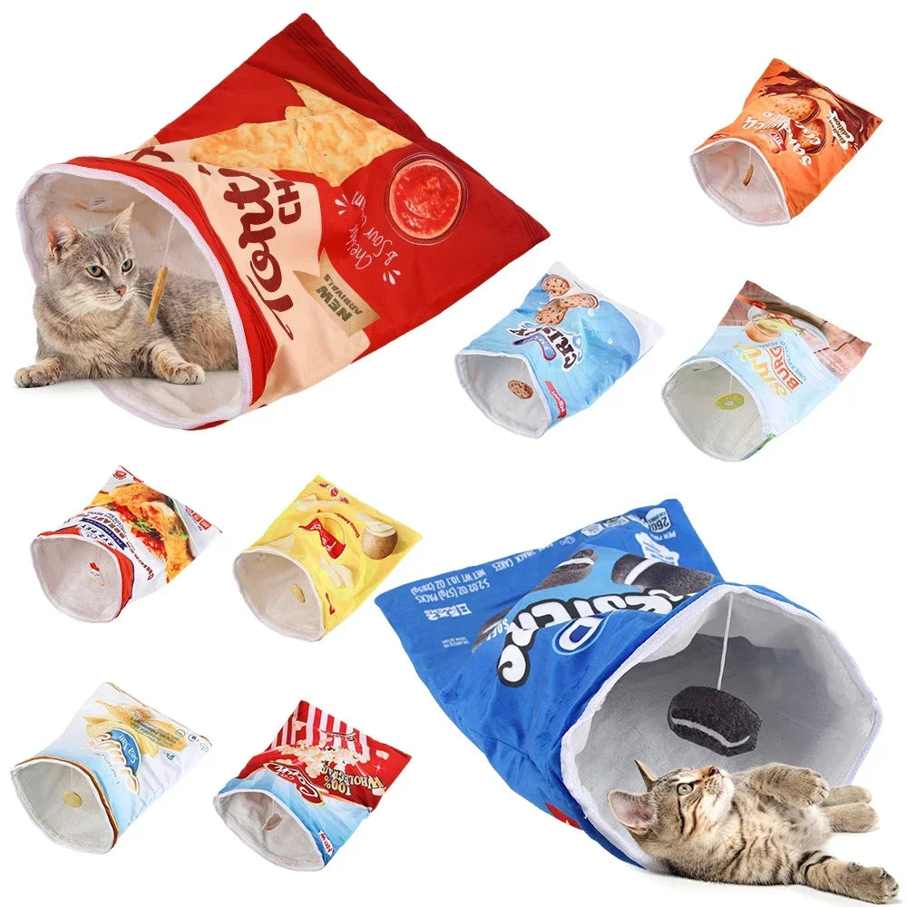 Collapsible Cat Tunnel Toy – Fun Food-Themed Crinkle Tunnel with Hanging Toys for Indoor Cats