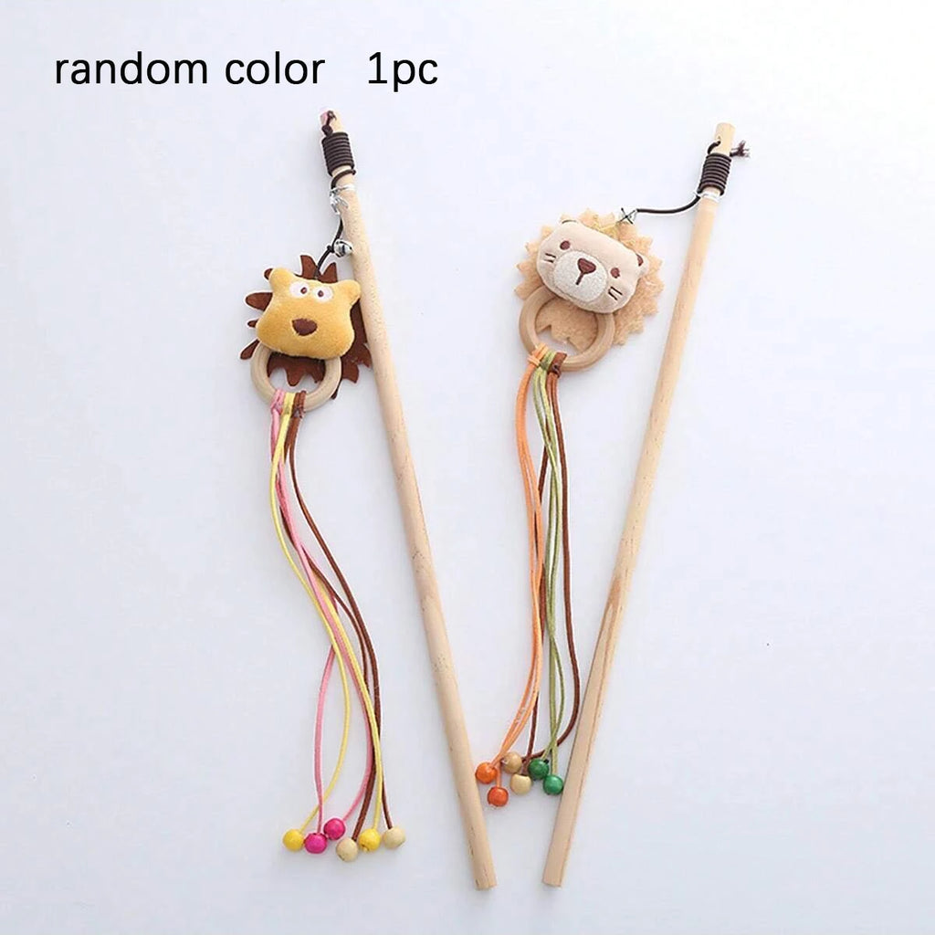 Wooden Cartoon Cat Wand Toy with Bell – Interactive Plush Teaser Stick for Kitten Play & Bonding