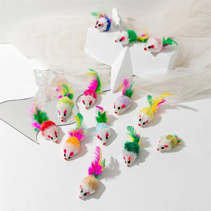 Rabbit Fur & Feather Rainbow Mouse Cat Toy – Funny Plush Mice for Kittens (5 or 10 Pack)