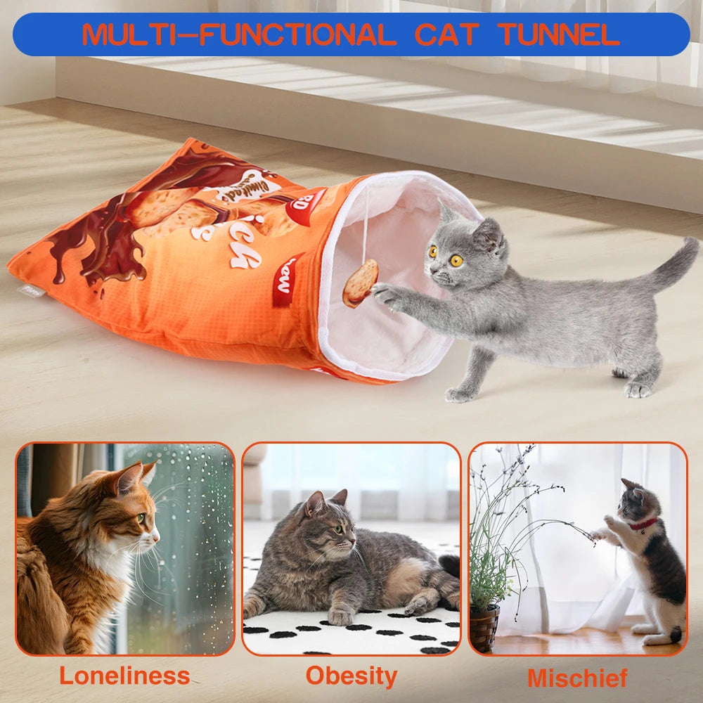 Collapsible Cat Tunnel Toy – Fun Food-Themed Crinkle Tunnel with Hanging Toys for Indoor Cats