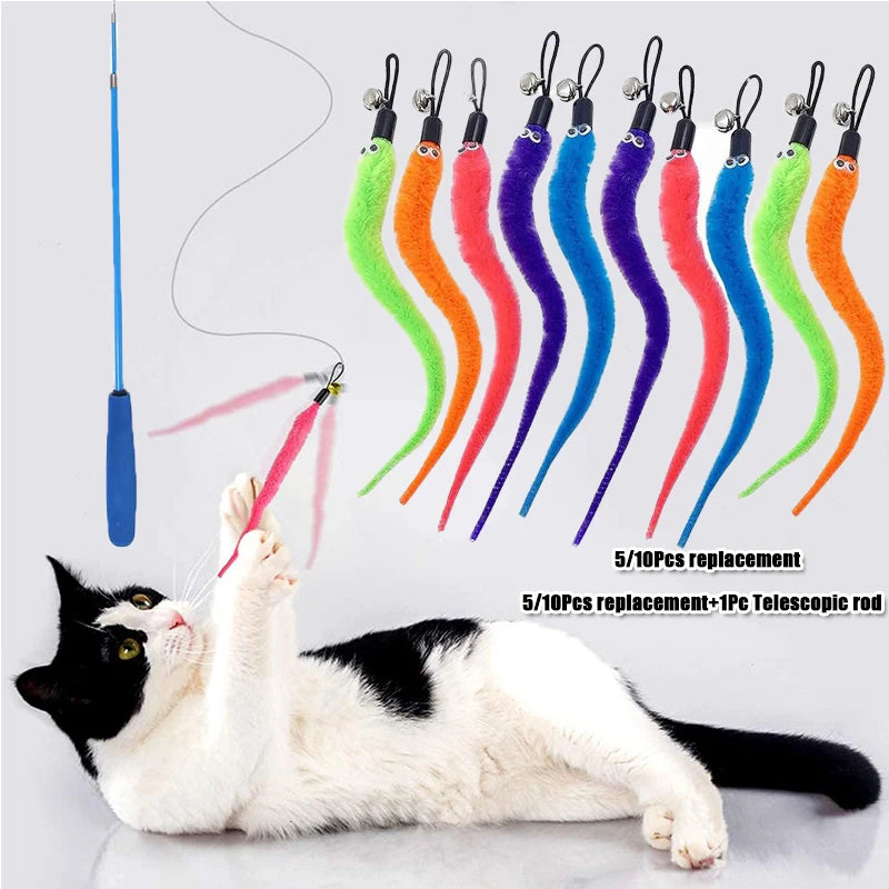 Plush Worm Cat Wand Replacement Heads – Velvet Caterpillar Attachments with Bell (5–11 pcs)