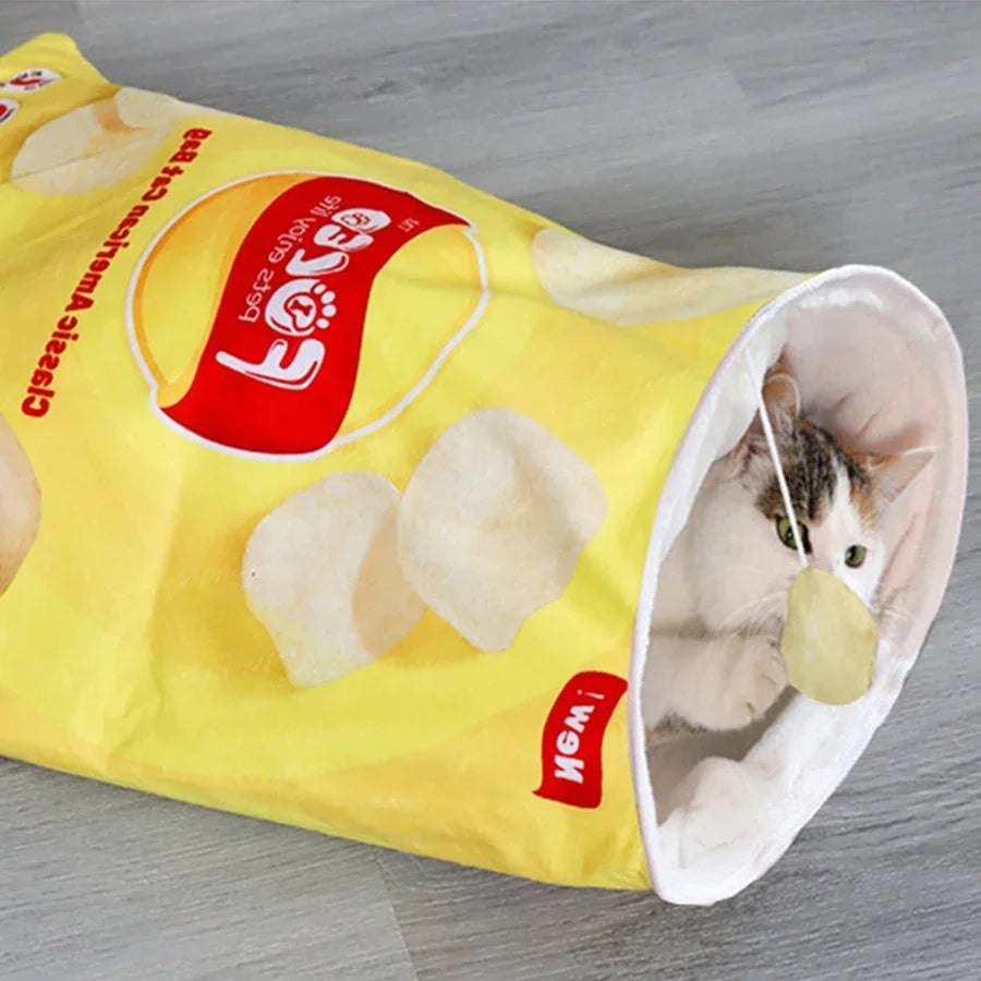 Collapsible Cat Tunnel Toy – Fun Food-Themed Crinkle Tunnel with Hanging Toys for Indoor Cats