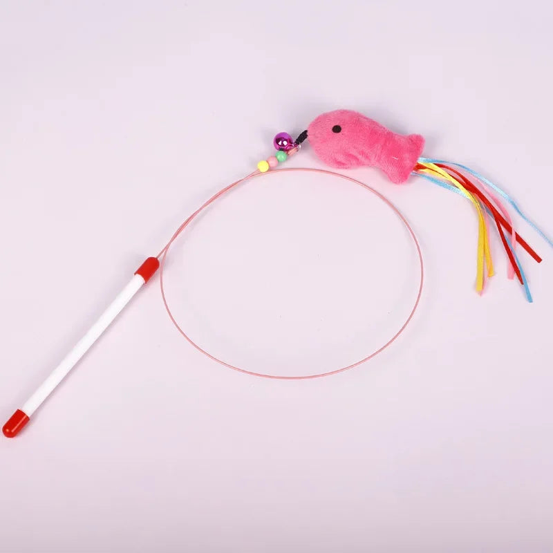 Feather Fish & Bell Teaser Wand – Interactive Stick Toy for Kittens & Cats