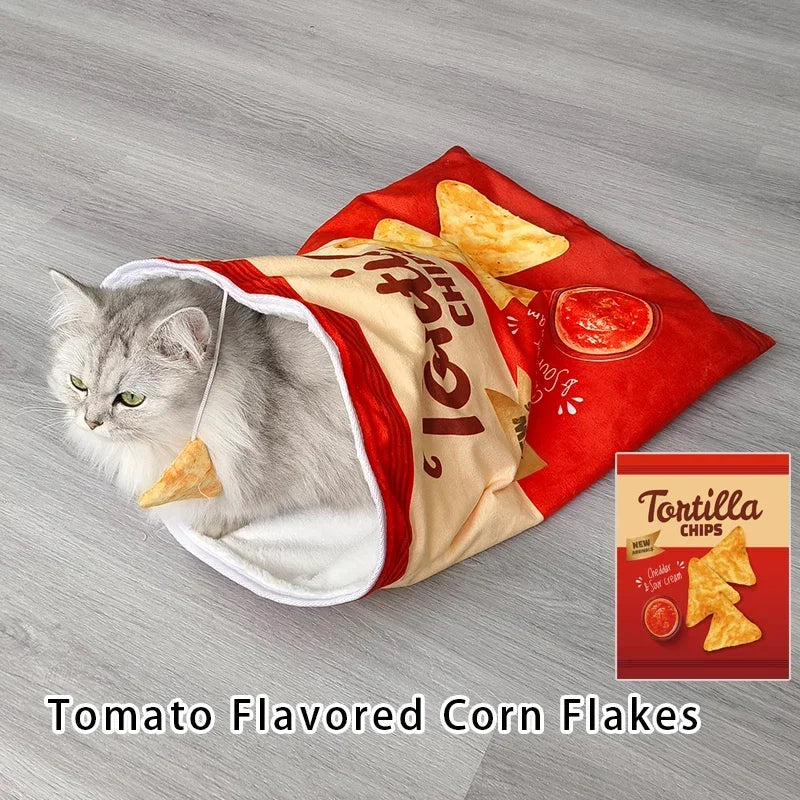 Collapsible Cat Tunnel Toy – Fun Food-Themed Crinkle Tunnel with Hanging Toys for Indoor Cats