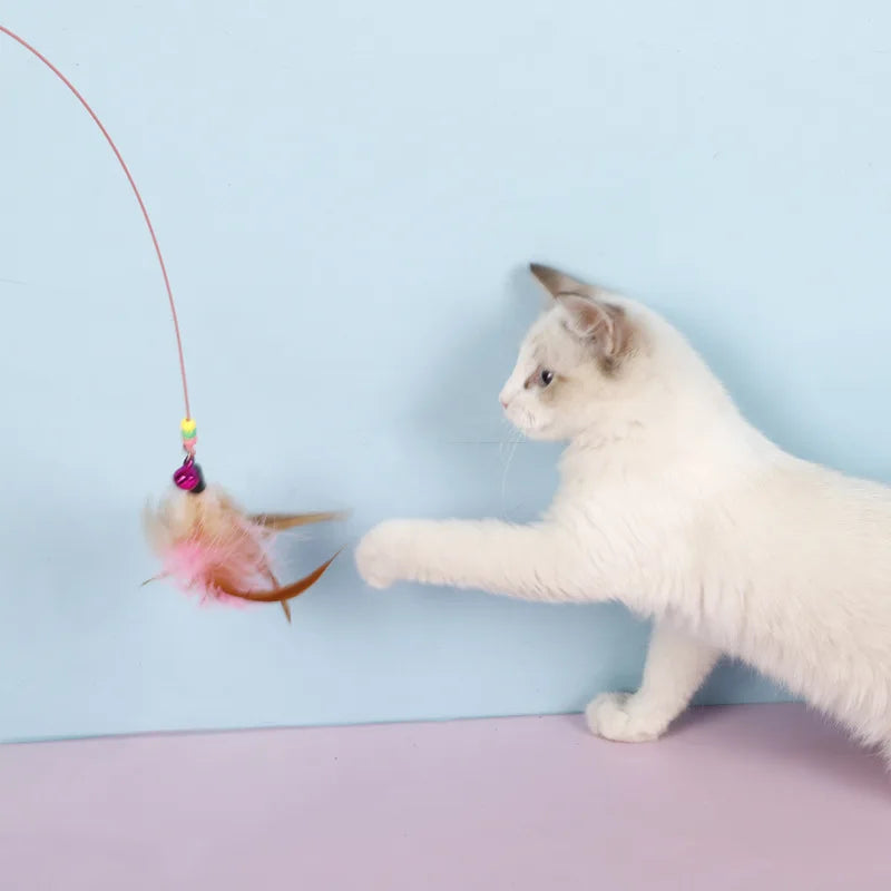 Feather Fish & Bell Teaser Wand – Interactive Stick Toy for Kittens & Cats