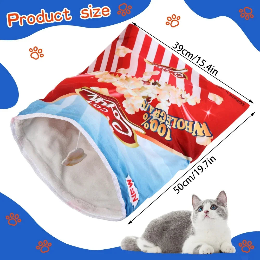 Collapsible Cat Tunnel Toy – Fun Food-Themed Crinkle Tunnel with Hanging Toys for Indoor Cats
