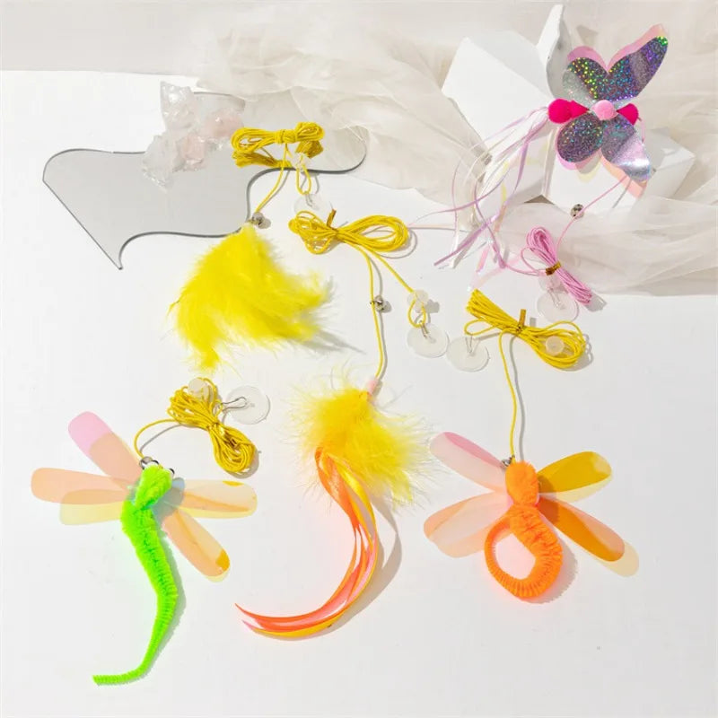 Interactive Cat Hanging Toy Set – Colorful Bird & Fish Feather Teaser for Indoor Cats