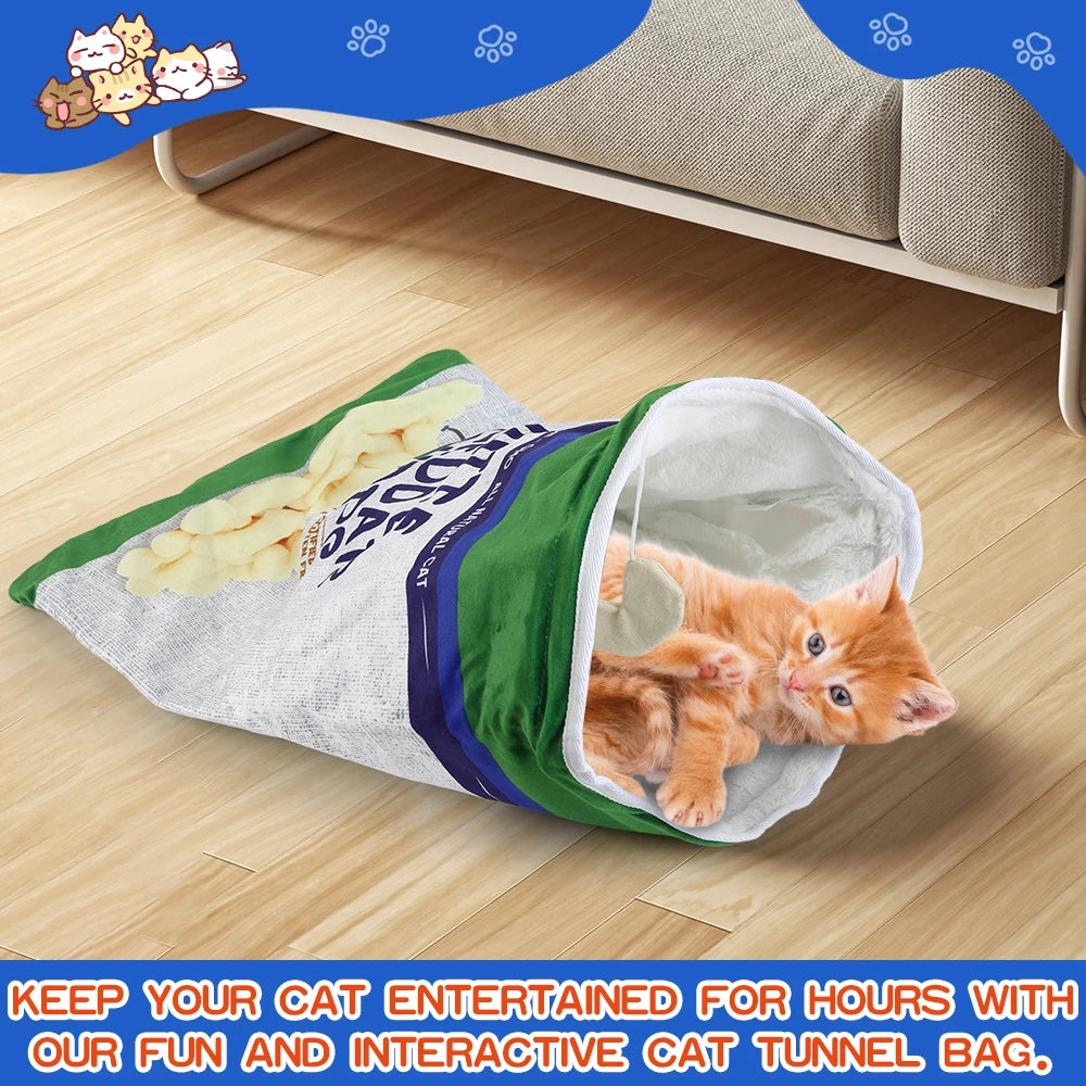 Collapsible Cat Tunnel Toy – Fun Food-Themed Crinkle Tunnel with Hanging Toys for Indoor Cats