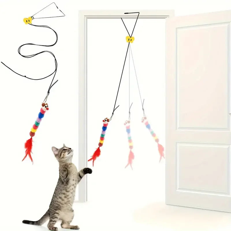Interactive Cat Teaser Toy – Adjustable Door Hanging Swing with Colorful Worms & Plush for Kittens