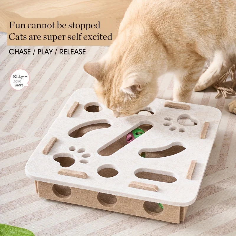 Felt Cat Puzzle Toy Box – Maze Tunnel & Bell Ball for Indoor Cat Entertainment