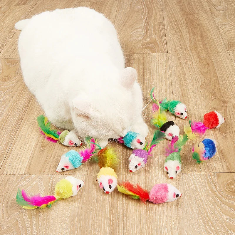 Rabbit Fur & Feather Rainbow Mouse Cat Toy – Funny Plush Mice for Kittens (5 or 10 Pack)