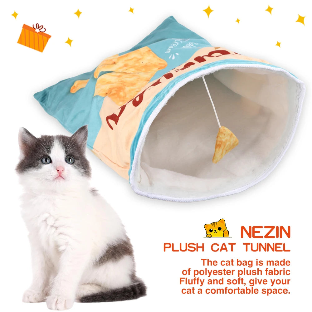 Collapsible Cat Tunnel Toy – Fun Food-Themed Crinkle Tunnel with Hanging Toys for Indoor Cats