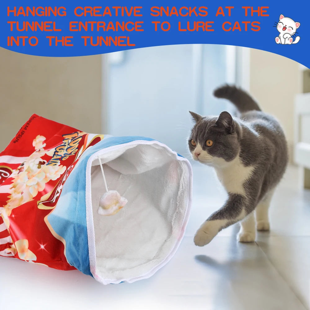 Collapsible Cat Tunnel Toy – Fun Food-Themed Crinkle Tunnel with Hanging Toys for Indoor Cats
