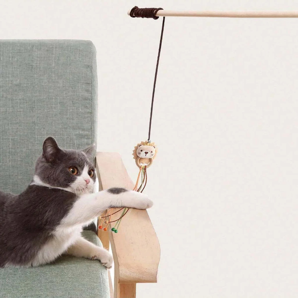 Wooden Cartoon Cat Wand Toy with Bell – Interactive Plush Teaser Stick for Kitten Play & Bonding