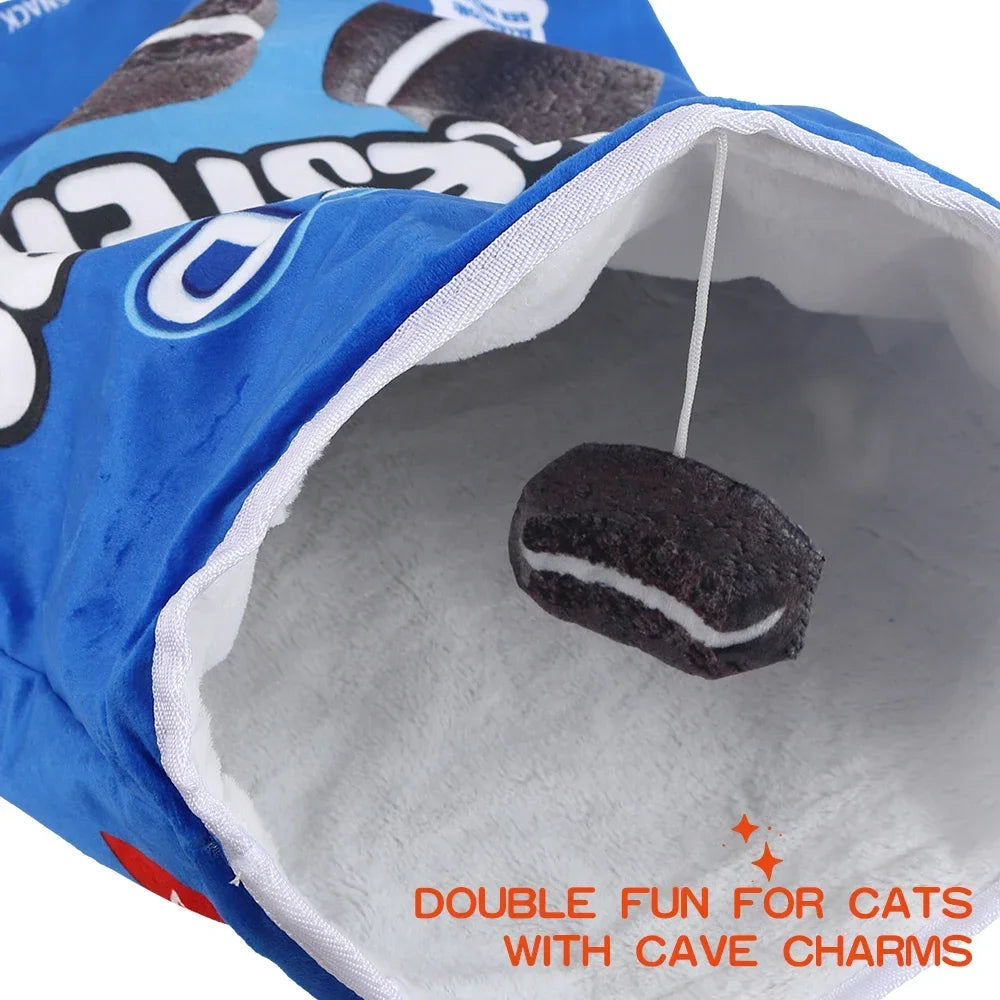 Collapsible Cat Tunnel Toy – Fun Food-Themed Crinkle Tunnel with Hanging Toys for Indoor Cats